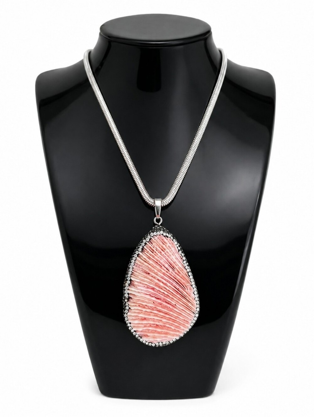 Natural Pink Coral Pendant Necklace 925 Sterling Silver 18"